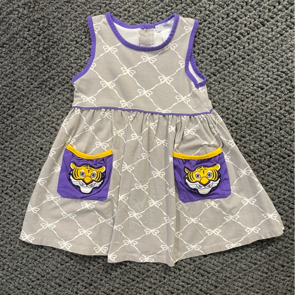 Ishtex Girls LSU Cotton Dress with Tiger Appliqué Pockets